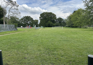 A grassy field with a small soccer goal in the center, bordered by trees and a metal fence. A children’s playground is visible in the background under a partly cloudy sky.